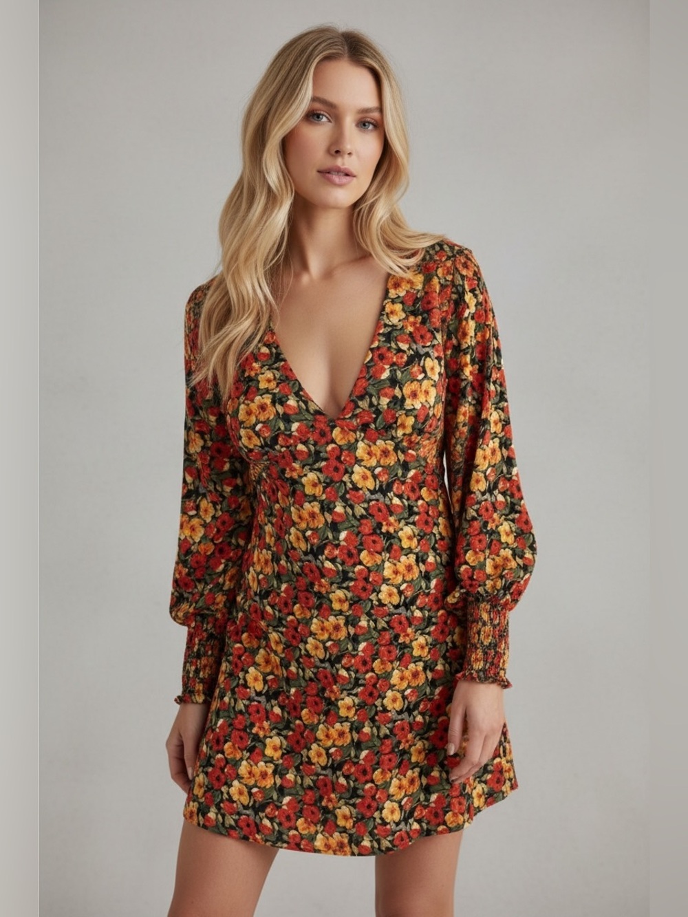Lush | Boho Floral Long-Sleeve Mini Dress - Size Medium